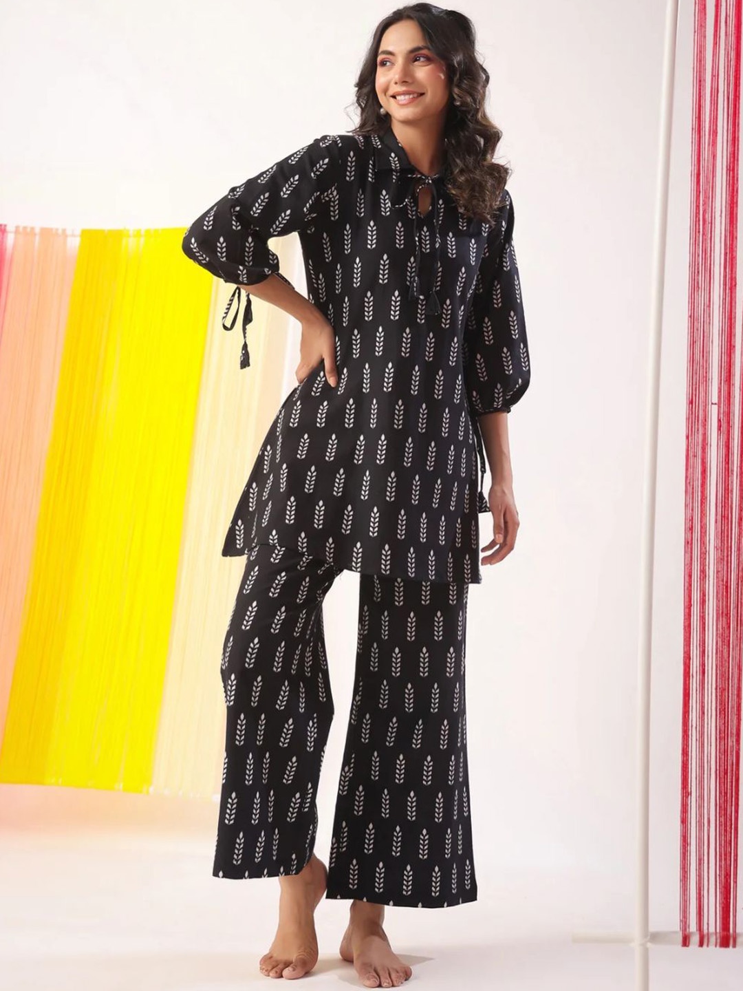 

Jade & Julie Printed Pure Cotton Top & Trousers Co-Ords, Black