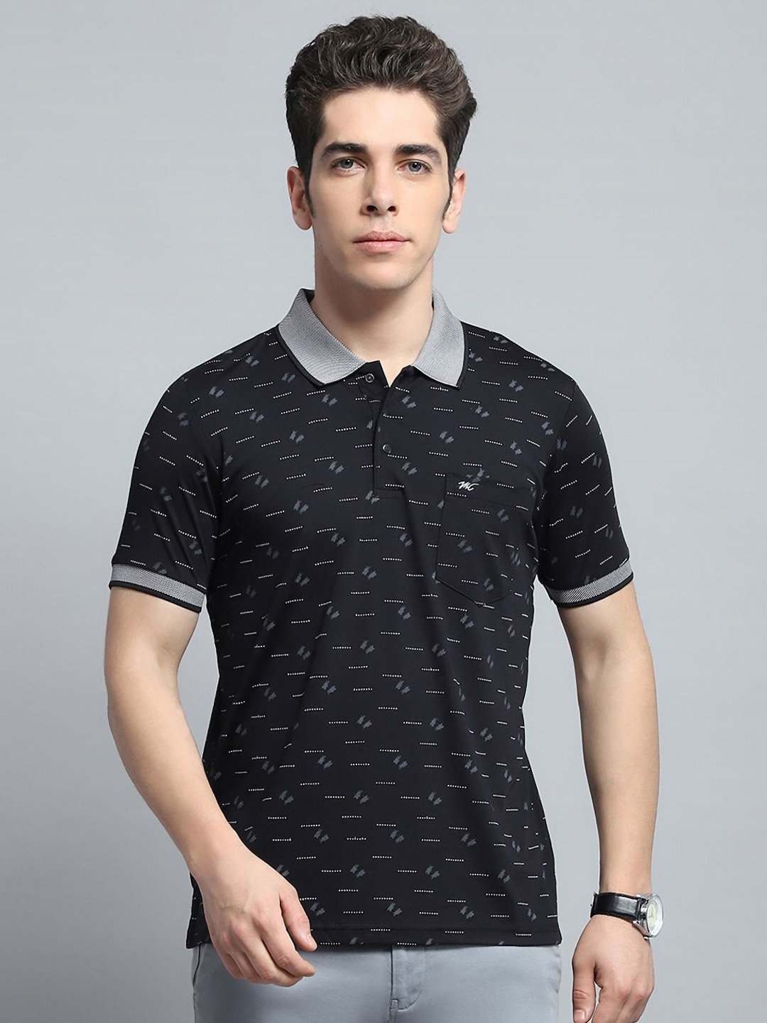 

Monte Carlo Men Printed Polo Collar Pockets T-shirt, Black