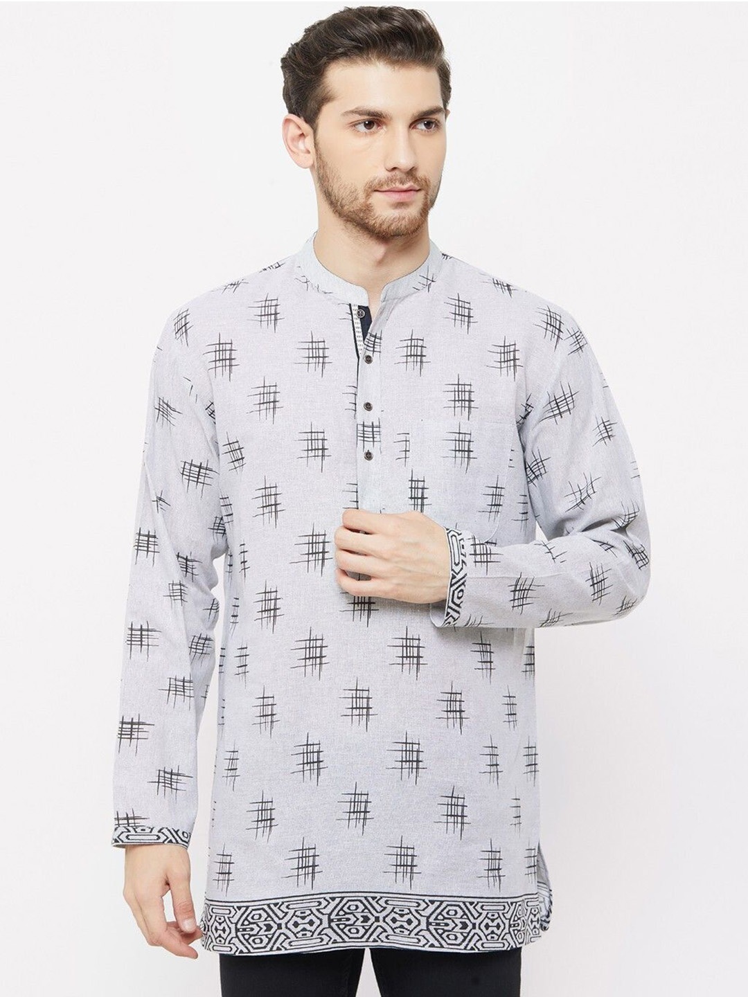 

Arch element Men Geometric Printed Patchwork Pathani Kurta, Grey