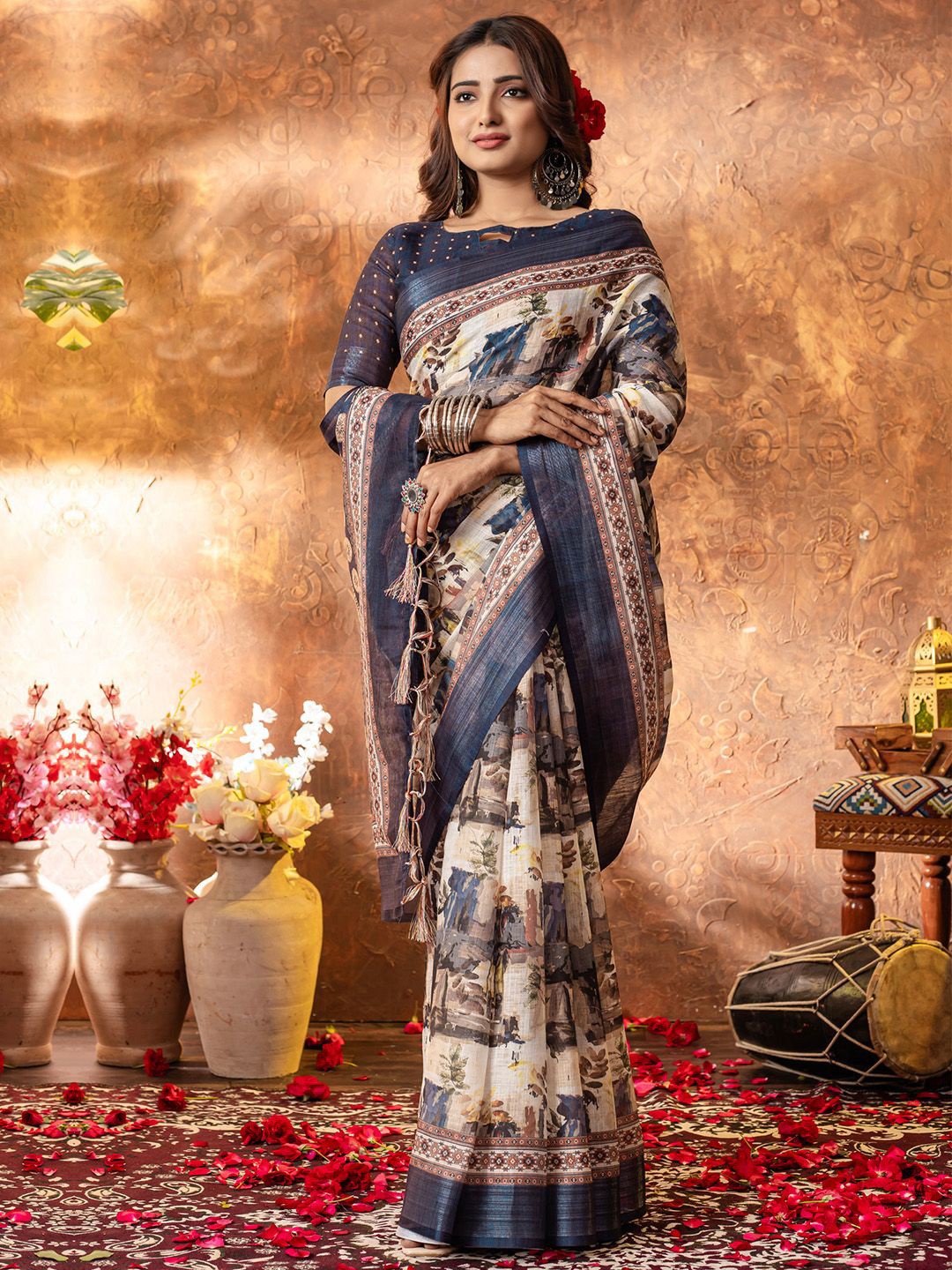 

Saree mall Zari Linen Blend Block Print Sarees, Beige