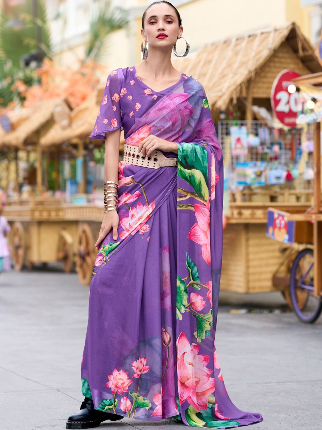 

LeeliPeeri Designer Floral Poly Georgette Saree, Lavender