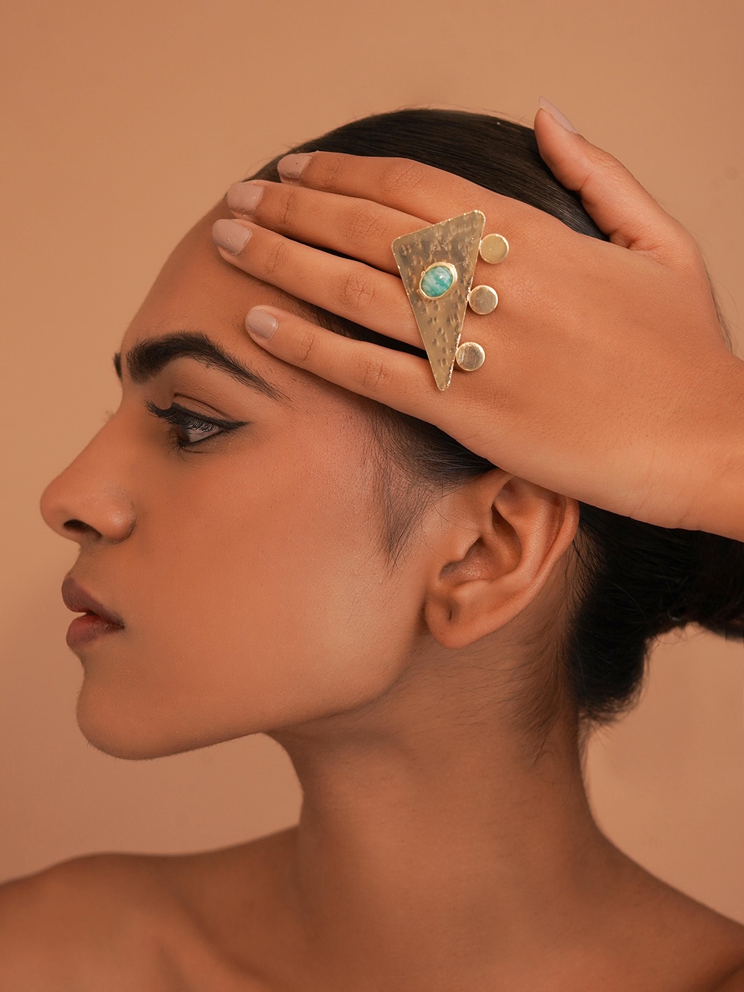 

ROYAL PITARAH Gold-Plated Onyx Stone Studded Amazonite Triangluar Statement Finger Ring