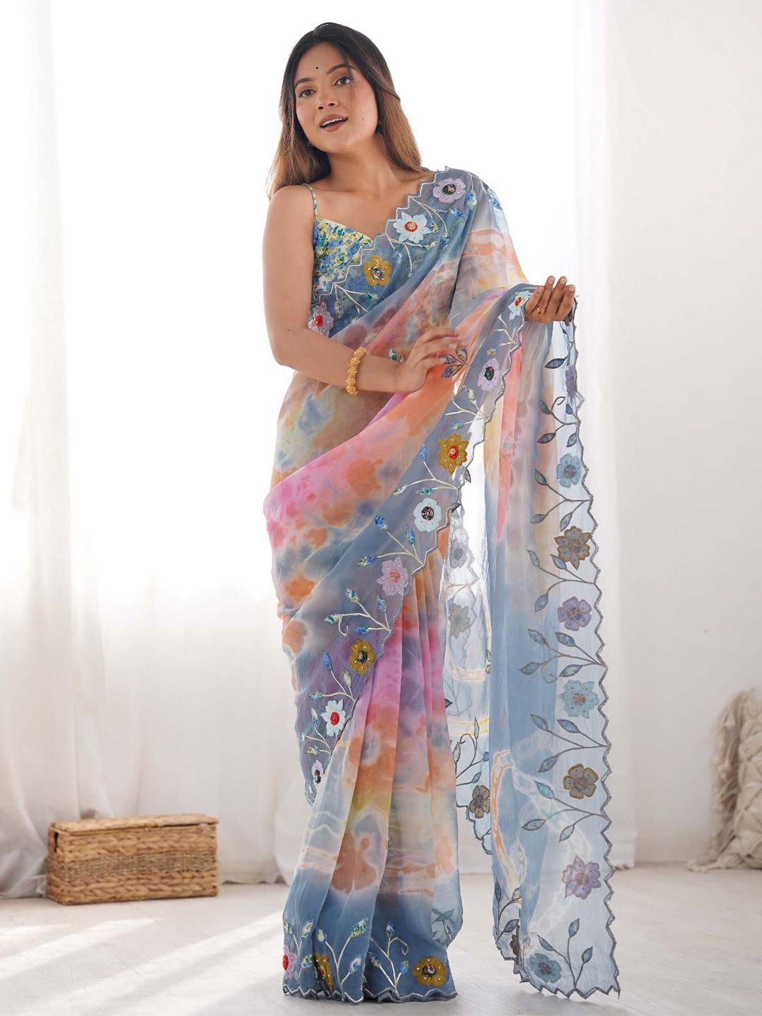 

Saree mall Beads and Stones Tissue Sarees, Blue