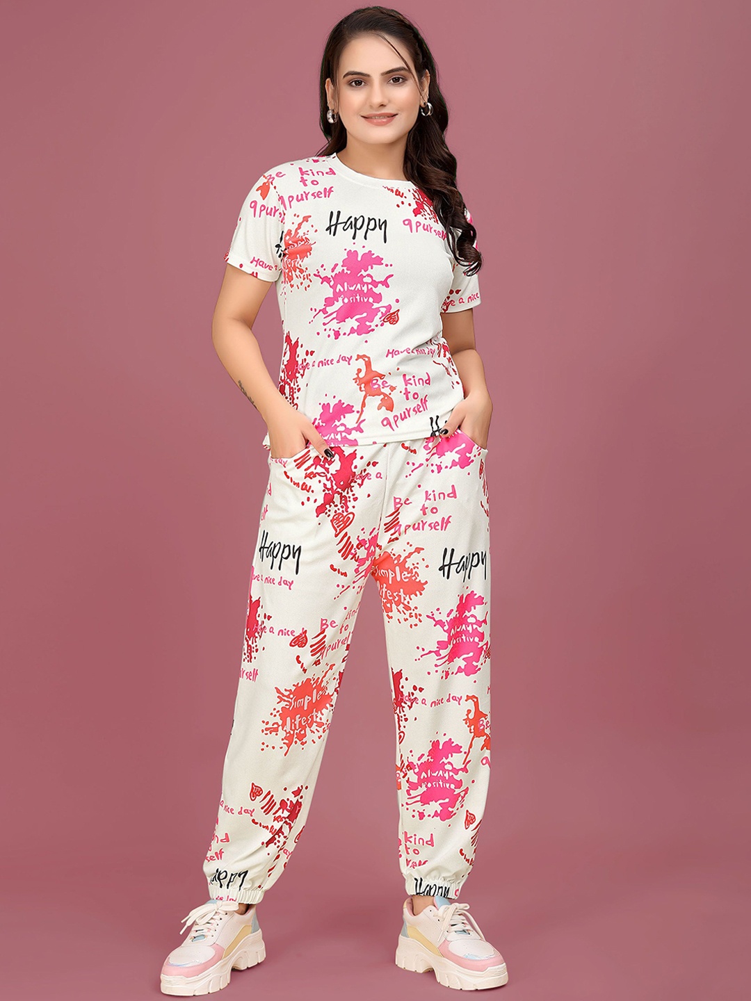 

JK Creation Floral Printed T-Shirt & Joggers Tracksuits, White