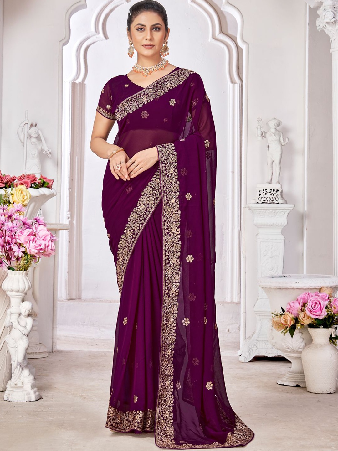 

LeeliPeeri Designer Embellished Embroidered Poly Georgette Saree, Purple