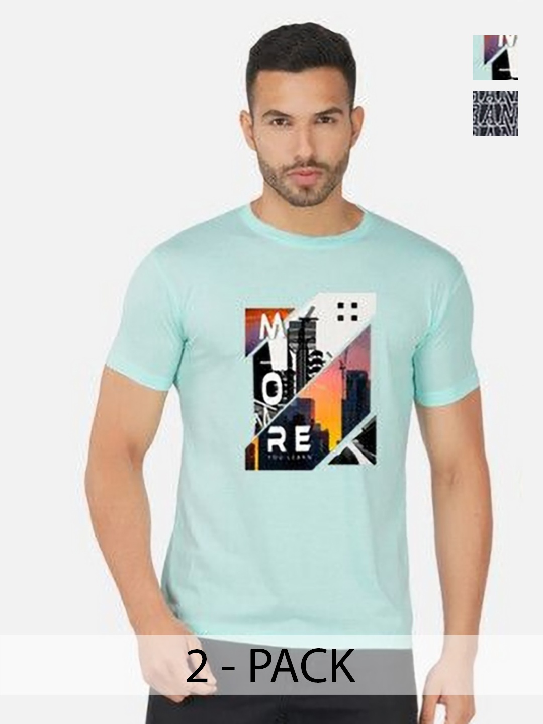 

GLOBAL NOMAD Men 2 Printed Bio Finish Applique T-shirt, Turquoise blue