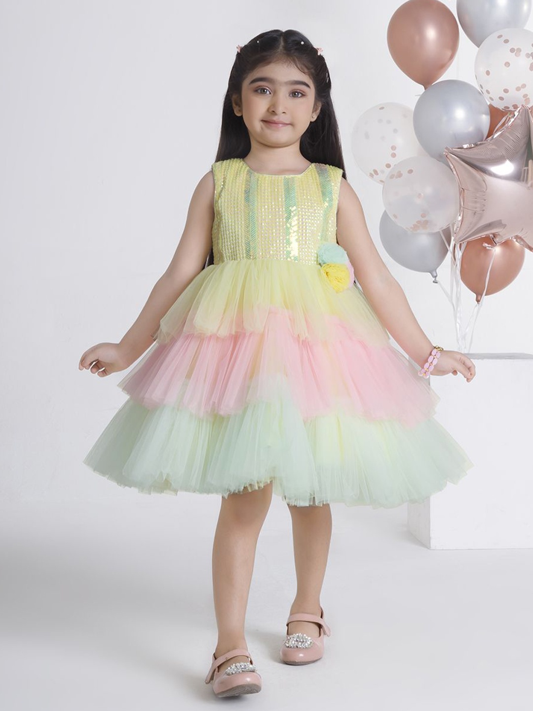 

Ministitch Applique Net Fit & Flare Dress, Yellow