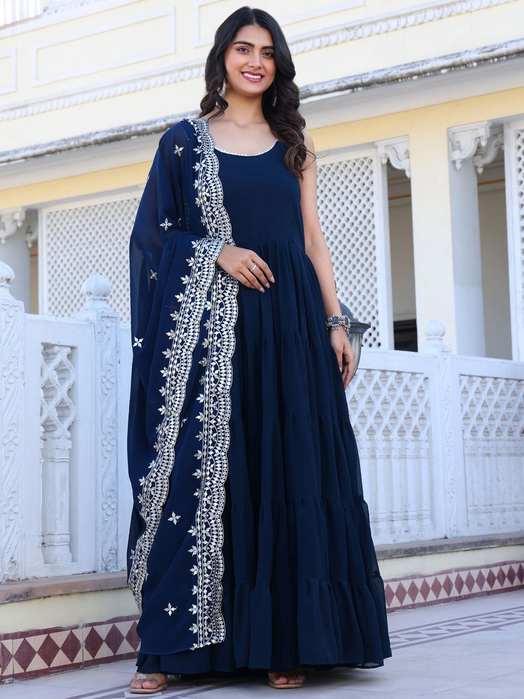 

Wedani Women Layered Kurta with Pyjamas & With Dupatta, Turquoise blue