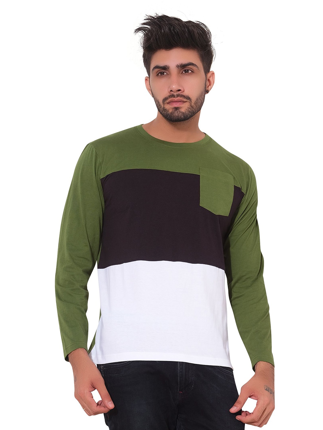

QUCO Men Cotton Biowashed Round Neck Colour Blocked Full Sleeve Tshirt, Green