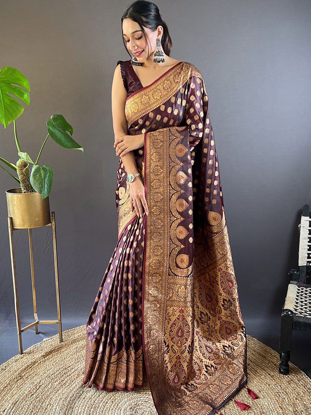 

all about you Woven Design Zari Satin Banarasi Saree, Maroon