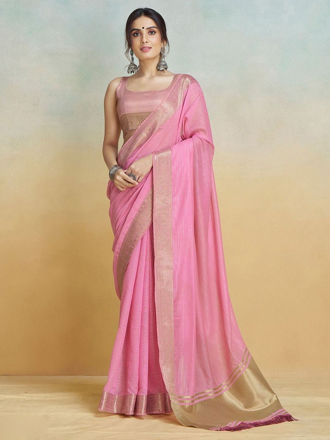 

Anouk Rustic Checked Zari Uppada Saree, Pink