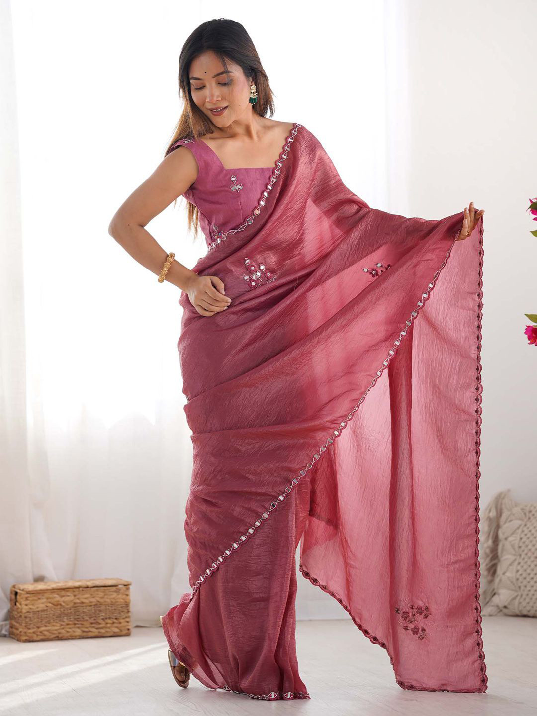 

Saree mall Embellished Mirror Work Tissue Sarees, Rose gold