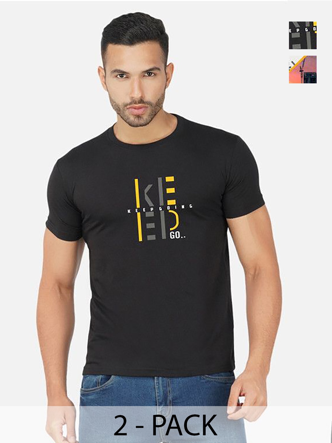 

GLOBAL NOMAD Men 2 Printed Bio Finish Applique T-shirt, Black