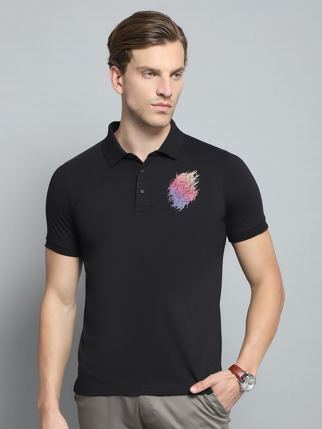 

Monte Carlo Men Printed Polo Collar Applique T-shirt, Black
