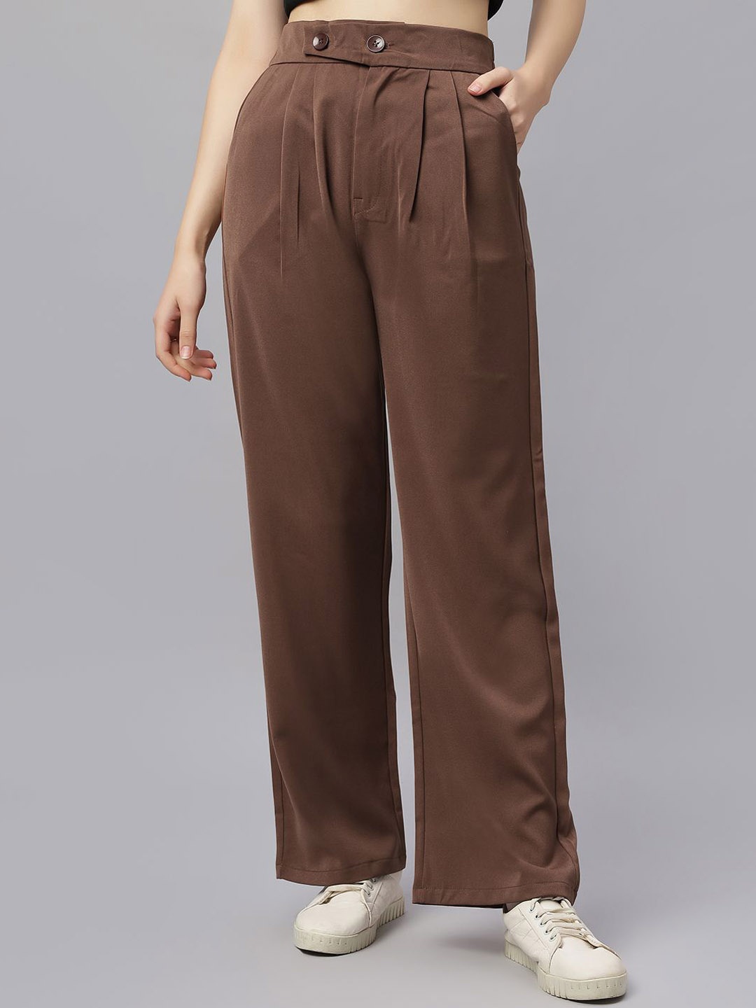 

ZUYA Women Loose Fit High-Rise Pleated Trousers, Brown