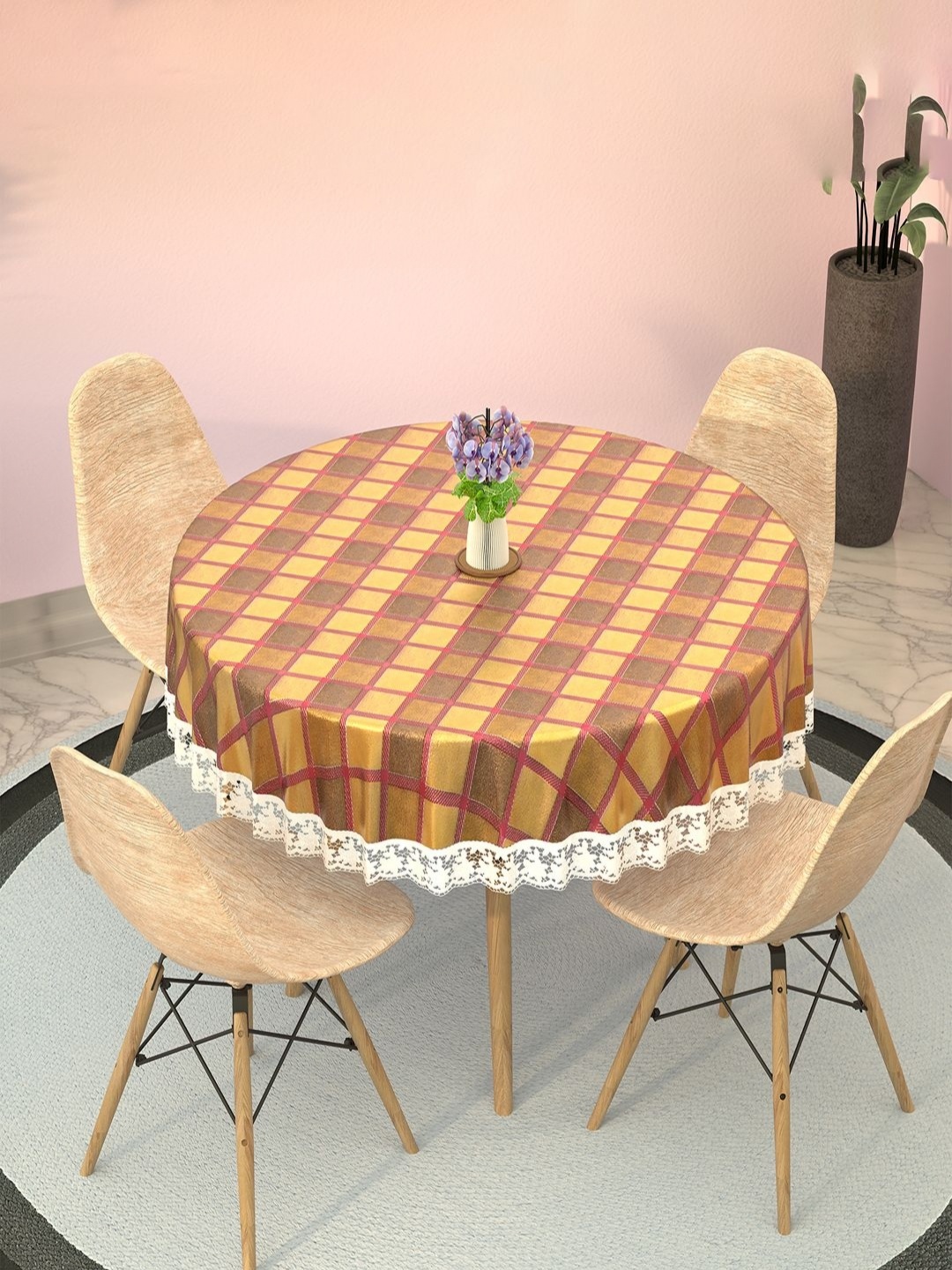 

Aura Brown Geometric Printed Plastic Waterproof Round 4 Seater Dining Table Cover