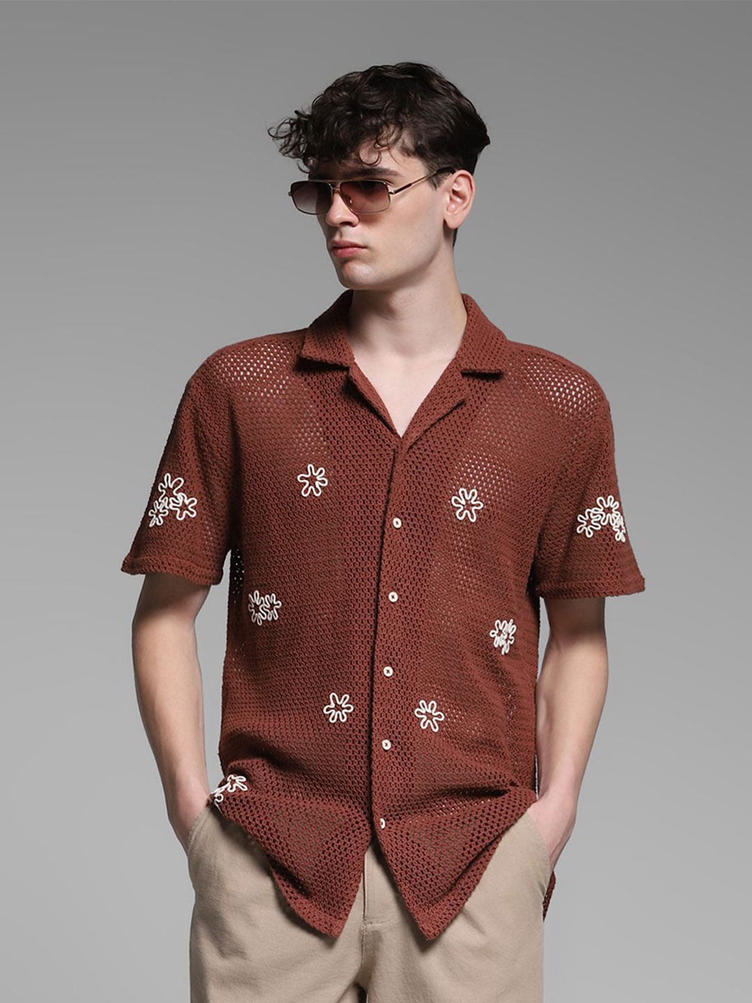 

Jack & Jones Men Floral Sheer Casual Shirt, Brown