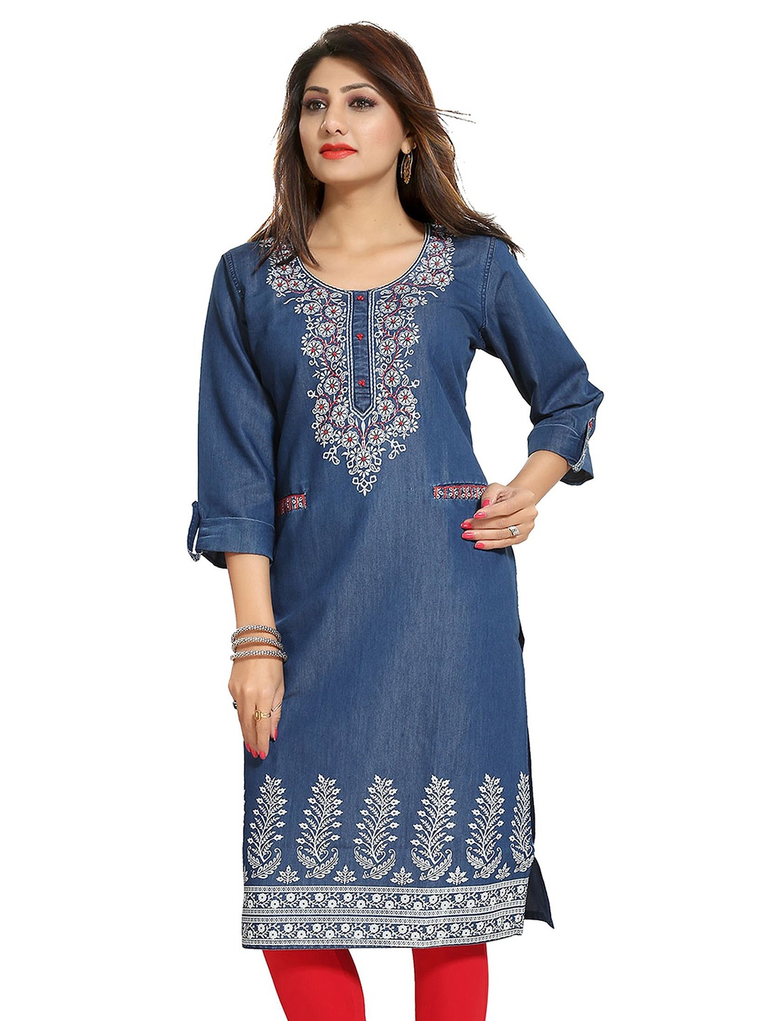 

Meher Impex Printed With Bead & Mirror Work Straight Kurta, Blue
