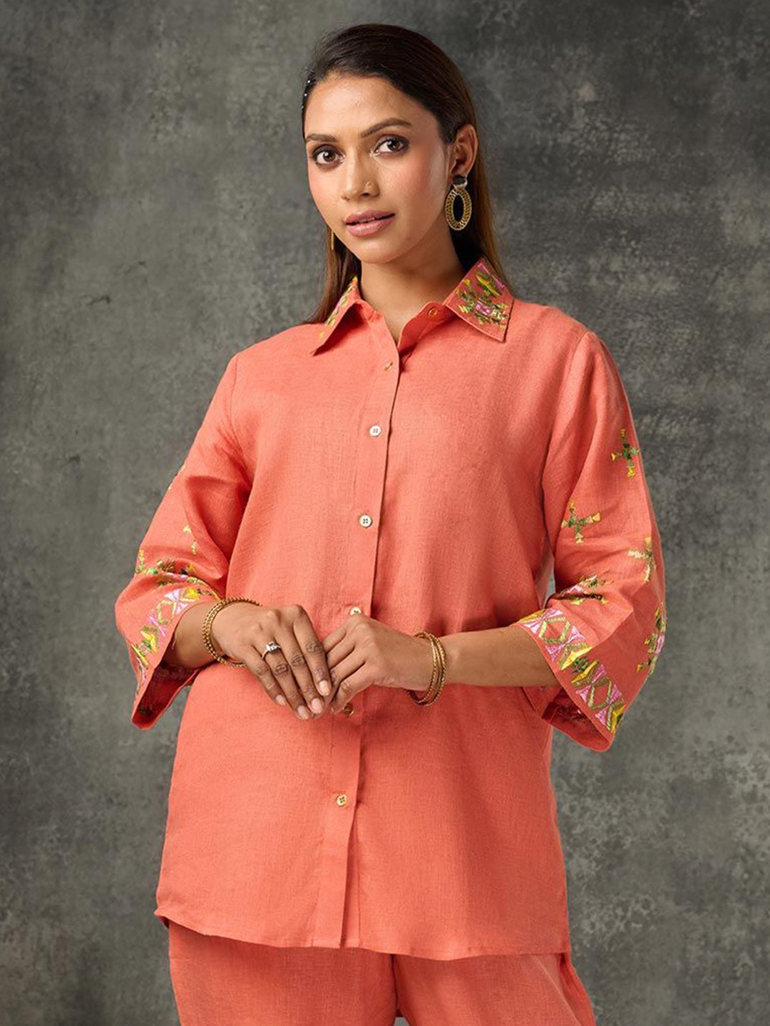 

Phulkari Forever Embroidered Linen Shirt Style Top, Orange