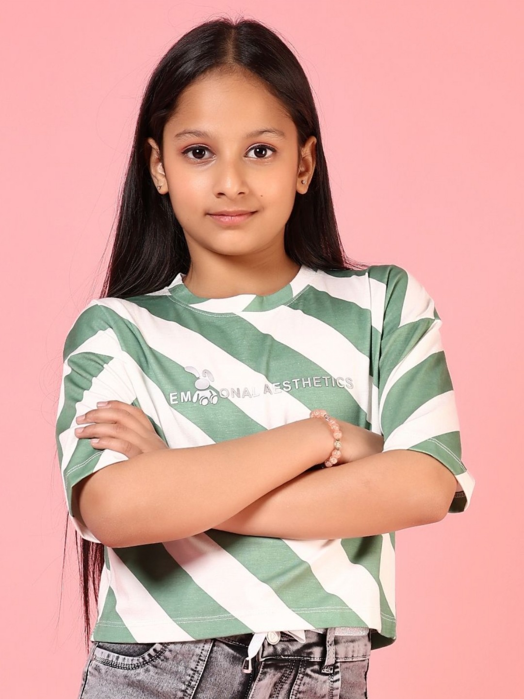 

V-Mart Girls Striped Drop-Shoulder Sleeves T-shirt, Green