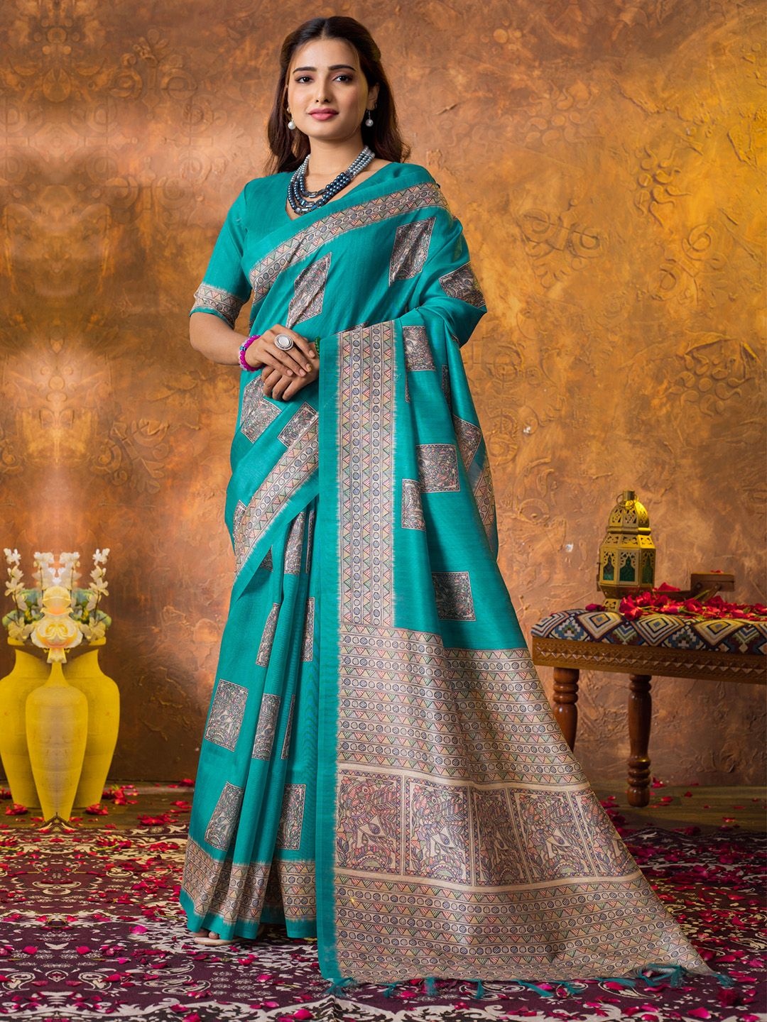 

Saree mall Ethnic Motifs Silk Cotton Tussar Sarees, Blue