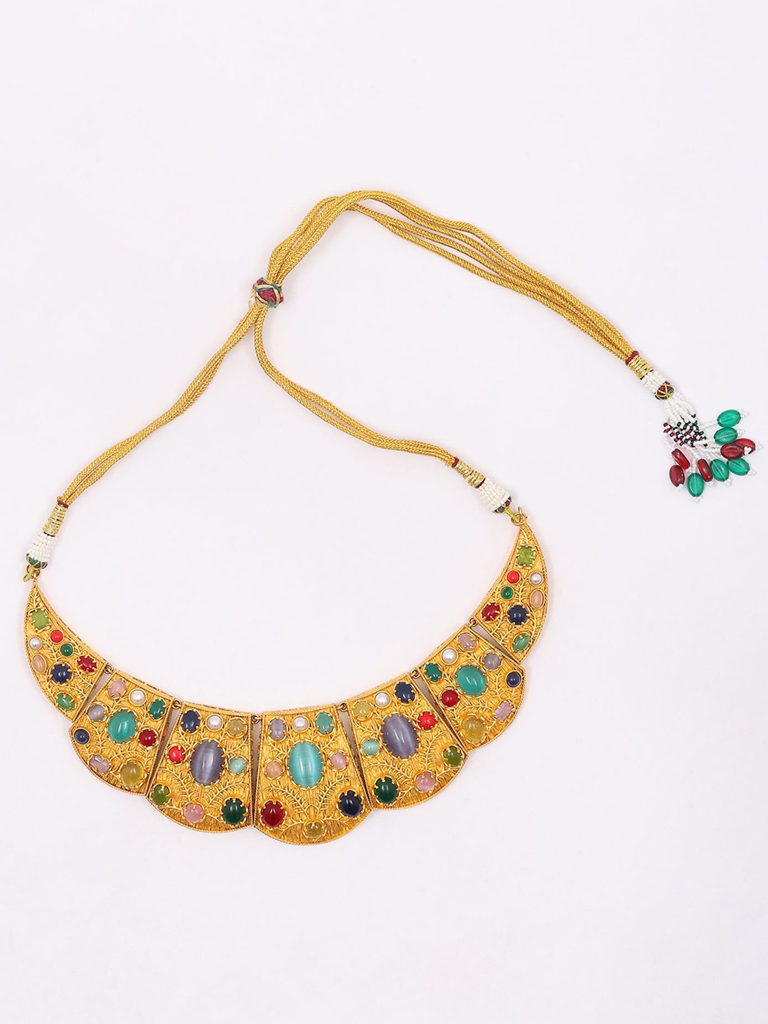 

Exotic India Multicolor Stone Studded Collar Necklace Set With Earrings, Gold