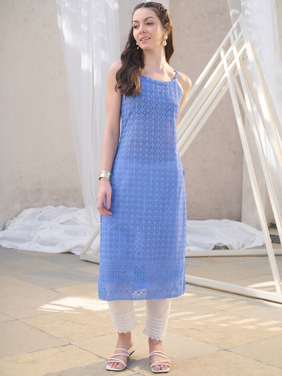 

Stylum Women Embroidered Chikankari Lace Frills Bows and Ruffles Dobby Georgette Kurta, Blue