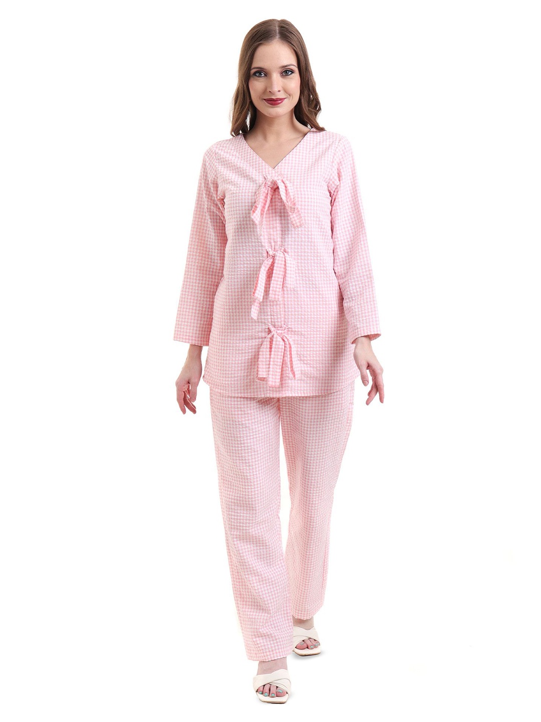 

INGRID Checked Pure Cotton Top With Trousers Co-Ords, Pink