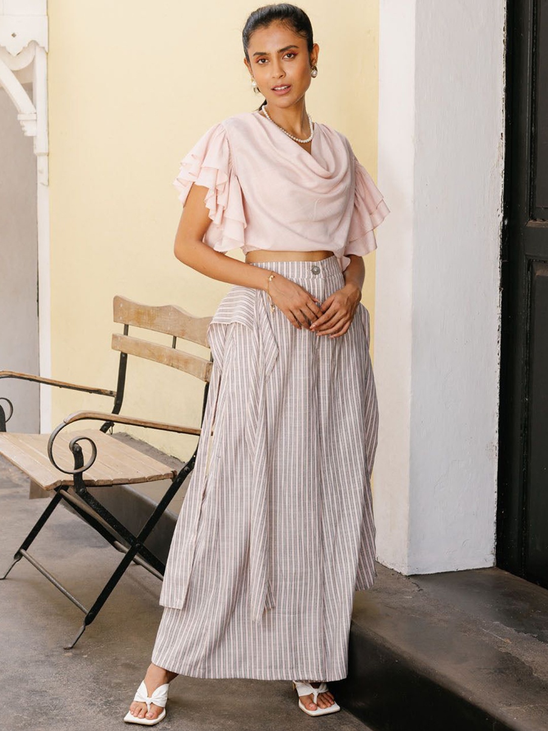 

HOUSE OF FETT Tuscan Shawl Neck Crop Top With Striped Palazzos Co-Ords, Pink