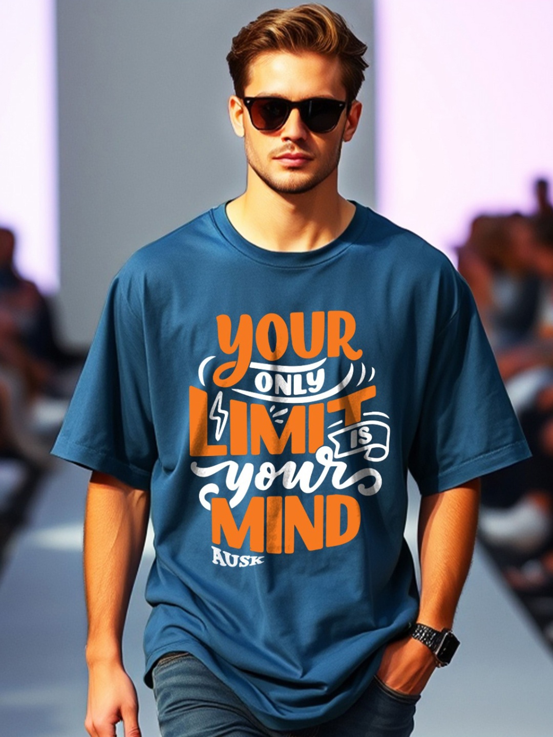 

AUSK Men Typography Printed Applique T-shirt, Teal