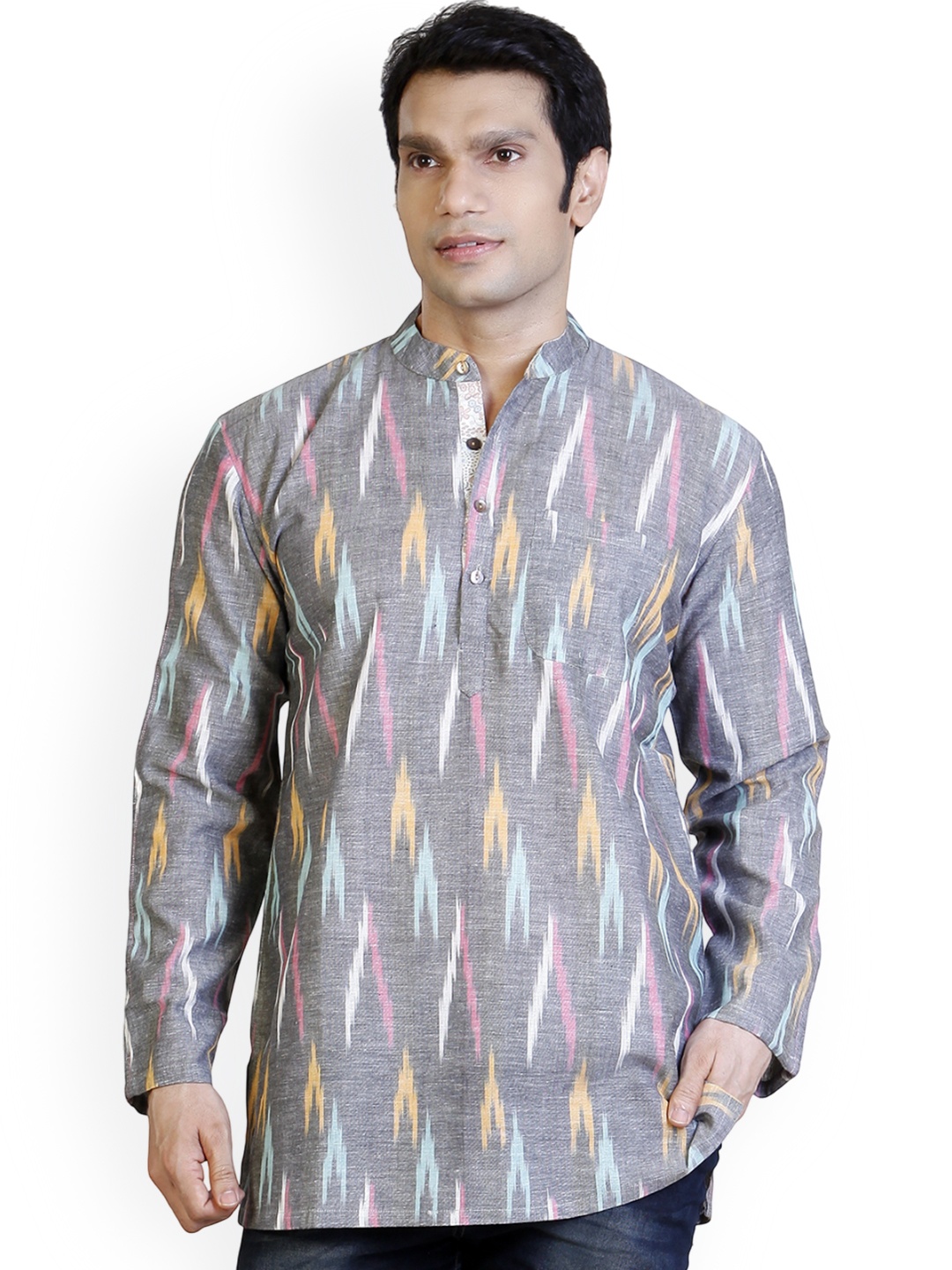 

Arch element Men Geometric Printed Patchwork Kurta, Grey