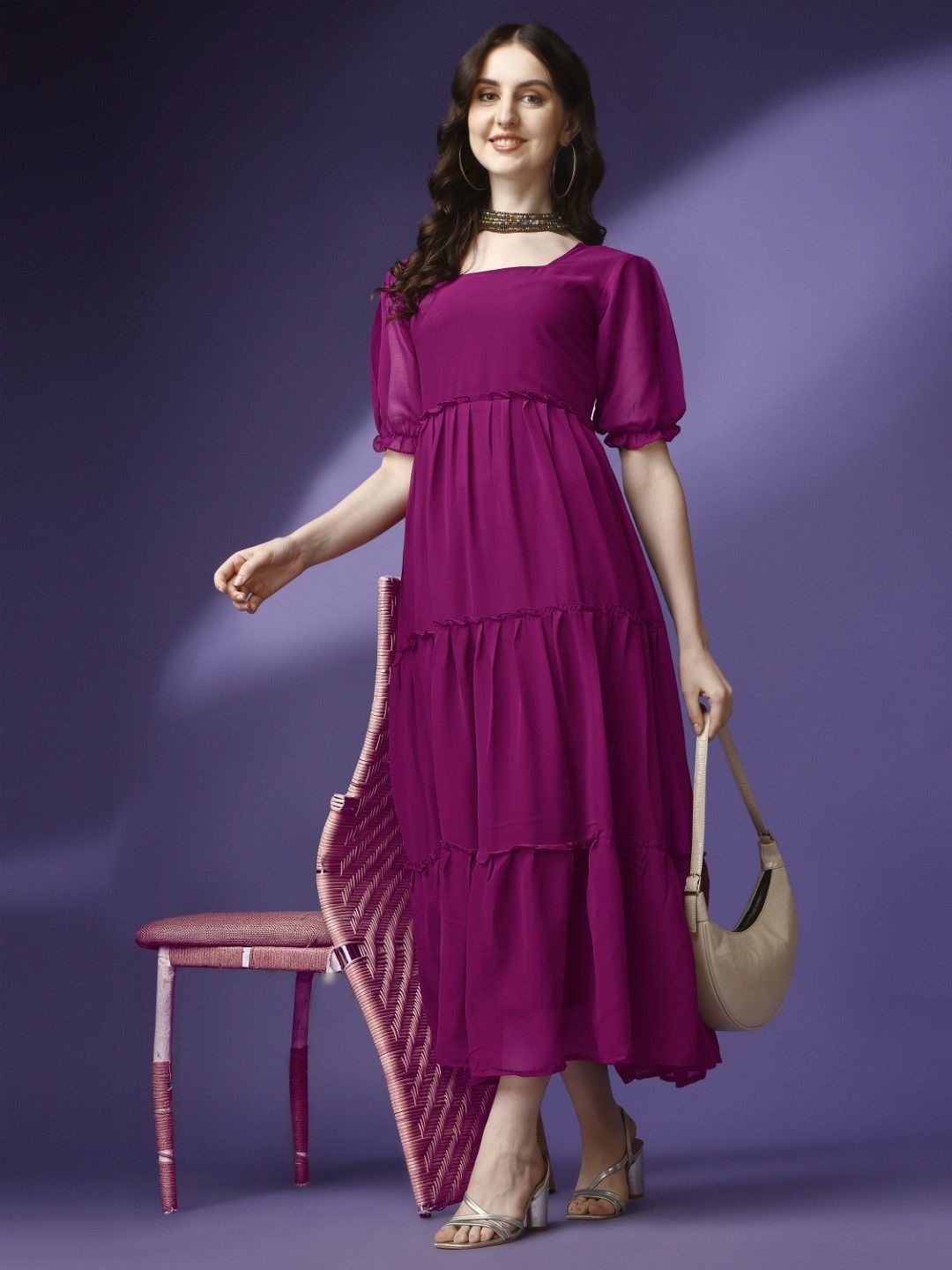 

Jash Creation Bell Sleeve Applique Georgette Fit & Flare Maxi Dress, Magenta