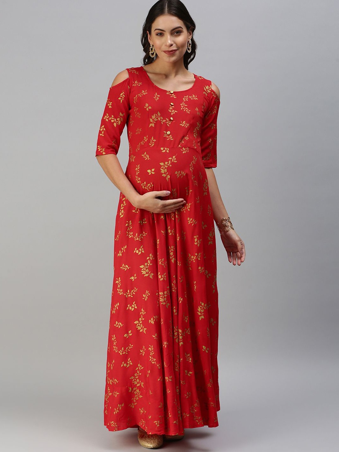 

Swishchick Ethnic Motifs Print Cold-Shoulder Maternity Fit & Flare Maxi Dress, Red