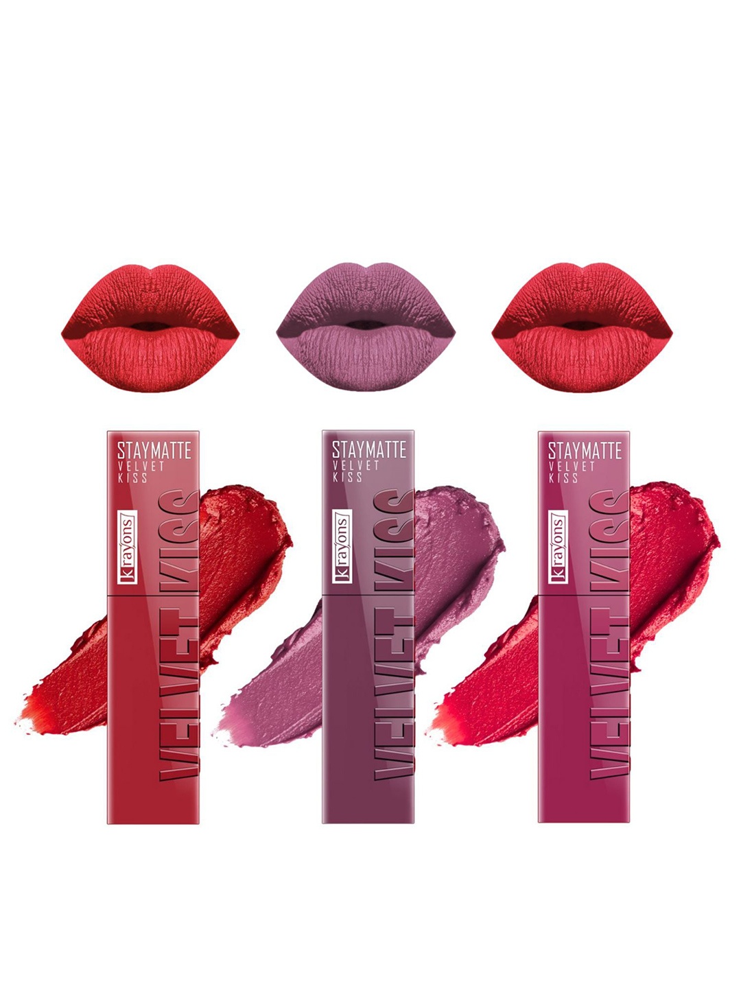 

krayons StayMatte Velvet Kiss Set Of 3 Liquid Lipstick-Orchid Love-Peach Pink-Scarlet Red