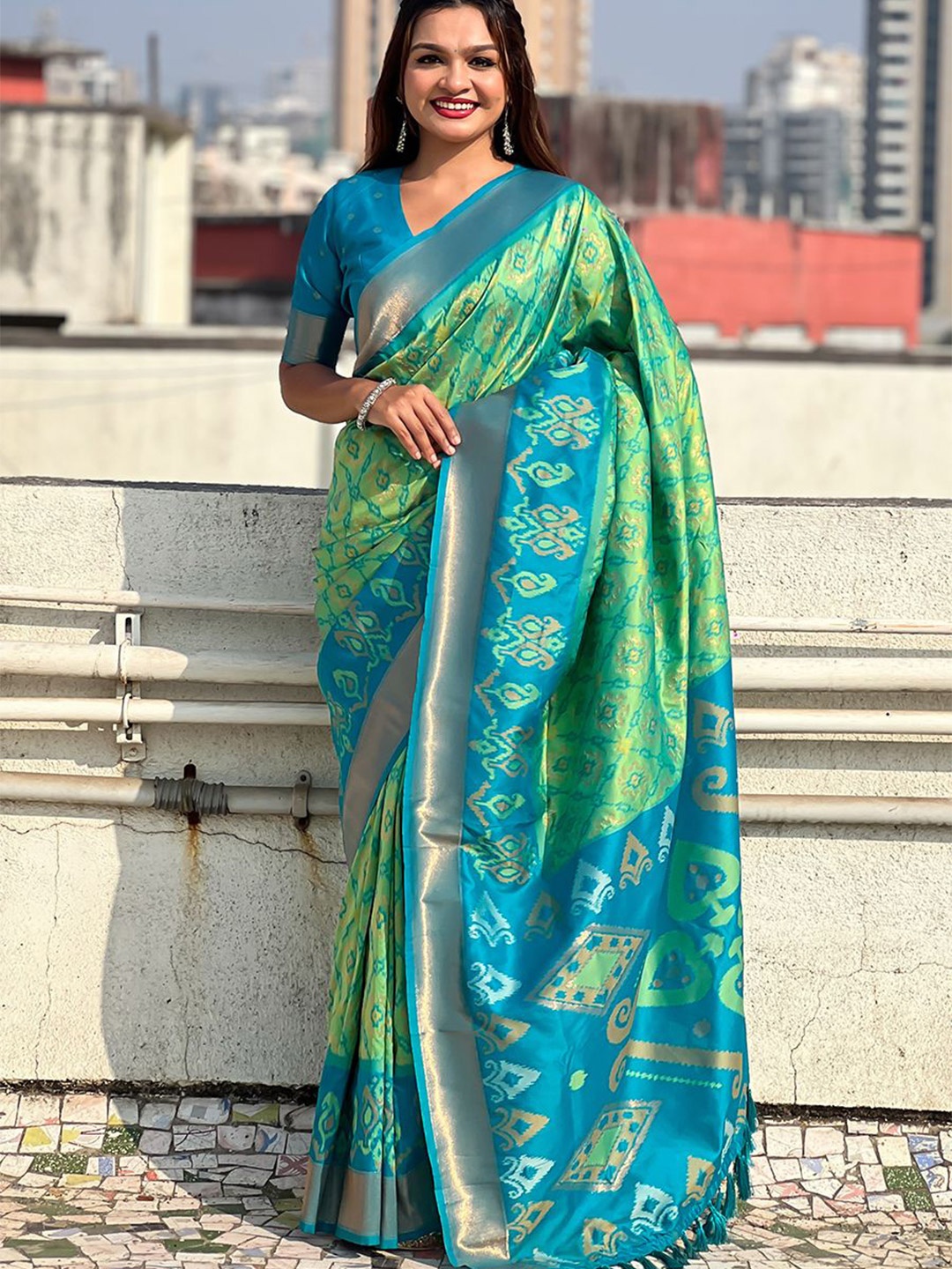 

all about you Woven Design Zari Silk Blend Patola Saree, Green