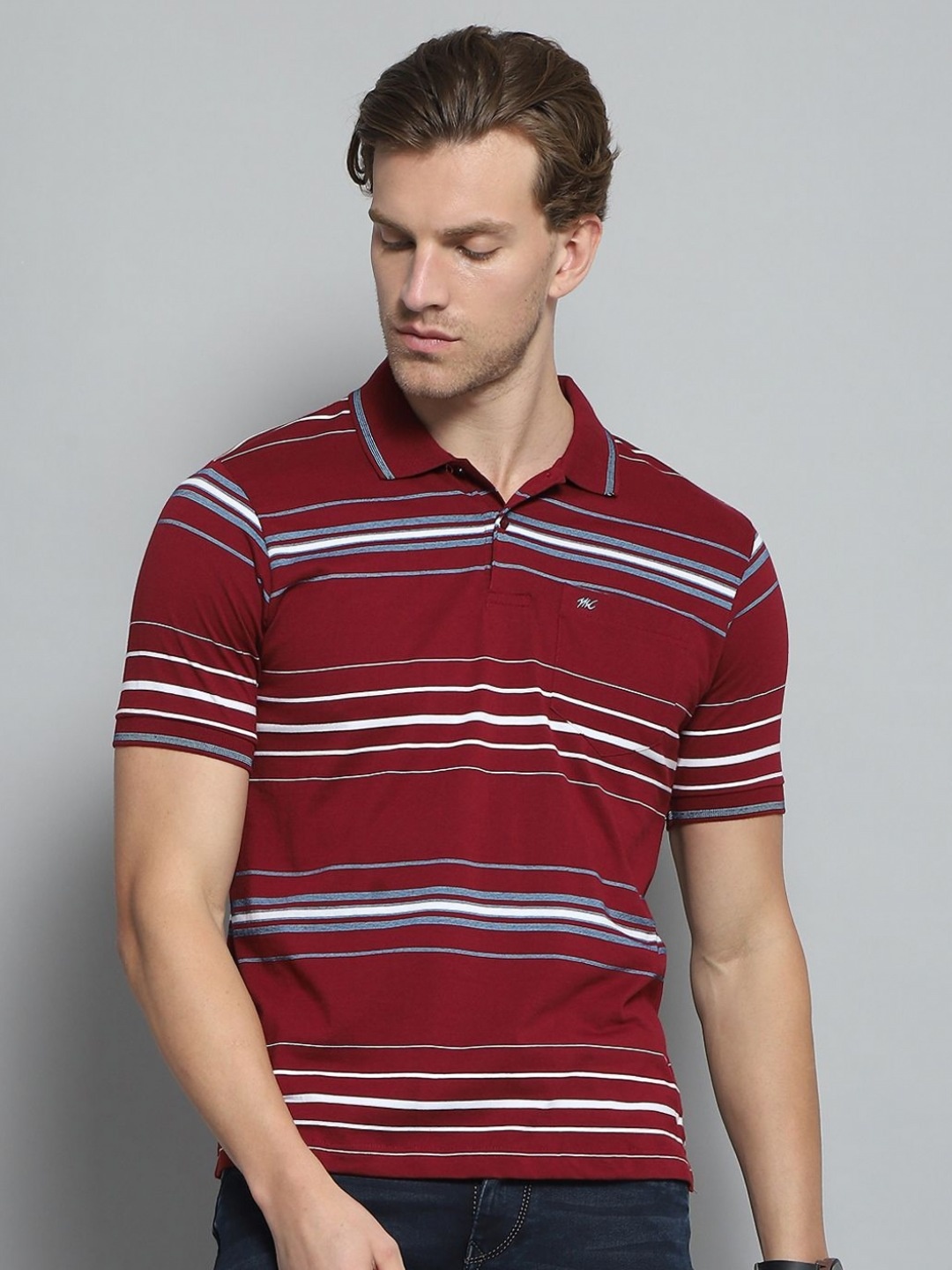 

Monte Carlo Men Striped Polo Collar Pockets T-shirt, Maroon