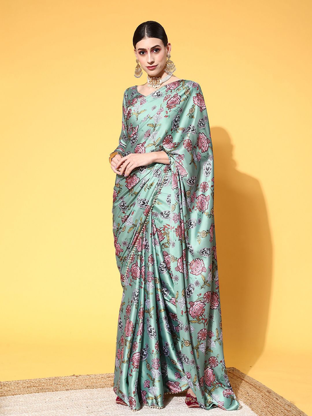 

DIVASTRI Floral Satin Saree, Sea green