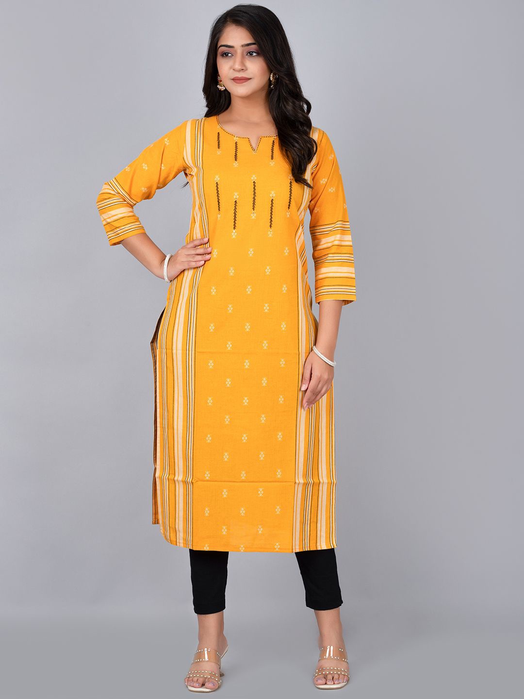 

TRIVEDI Ethnic Motifs Printed Pure Cotton Straight Kurta, Yellow