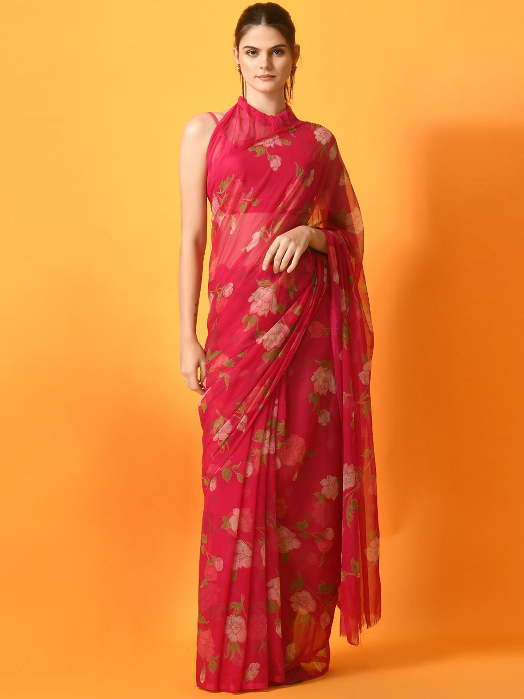 

House of Chiffon Floral Poly Chiffon Saree, Pink