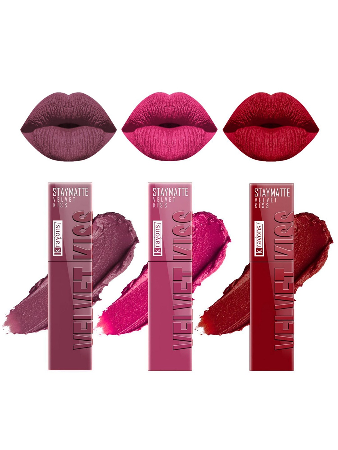 

krayons StayMatte Velvet Kiss Set Of 3 Liquid Lipstick-Pink Punch-Dusty Mauve-Ruby Red