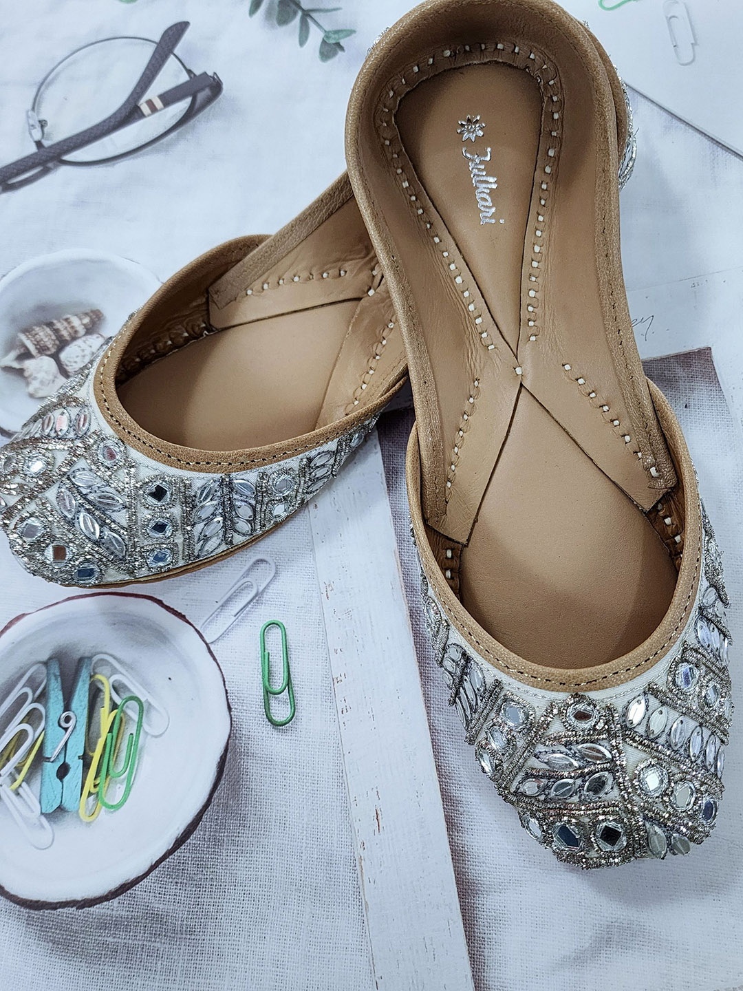 

Fulkari Women Embellished Ethnic Mojaris Flats, Silver