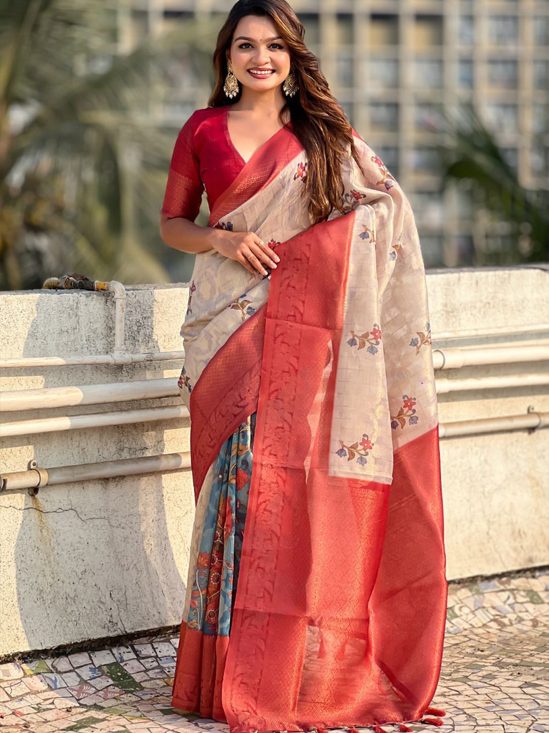 

all about you Kalamkari Zari Silk Cotton Bomkai silk Saree, Red