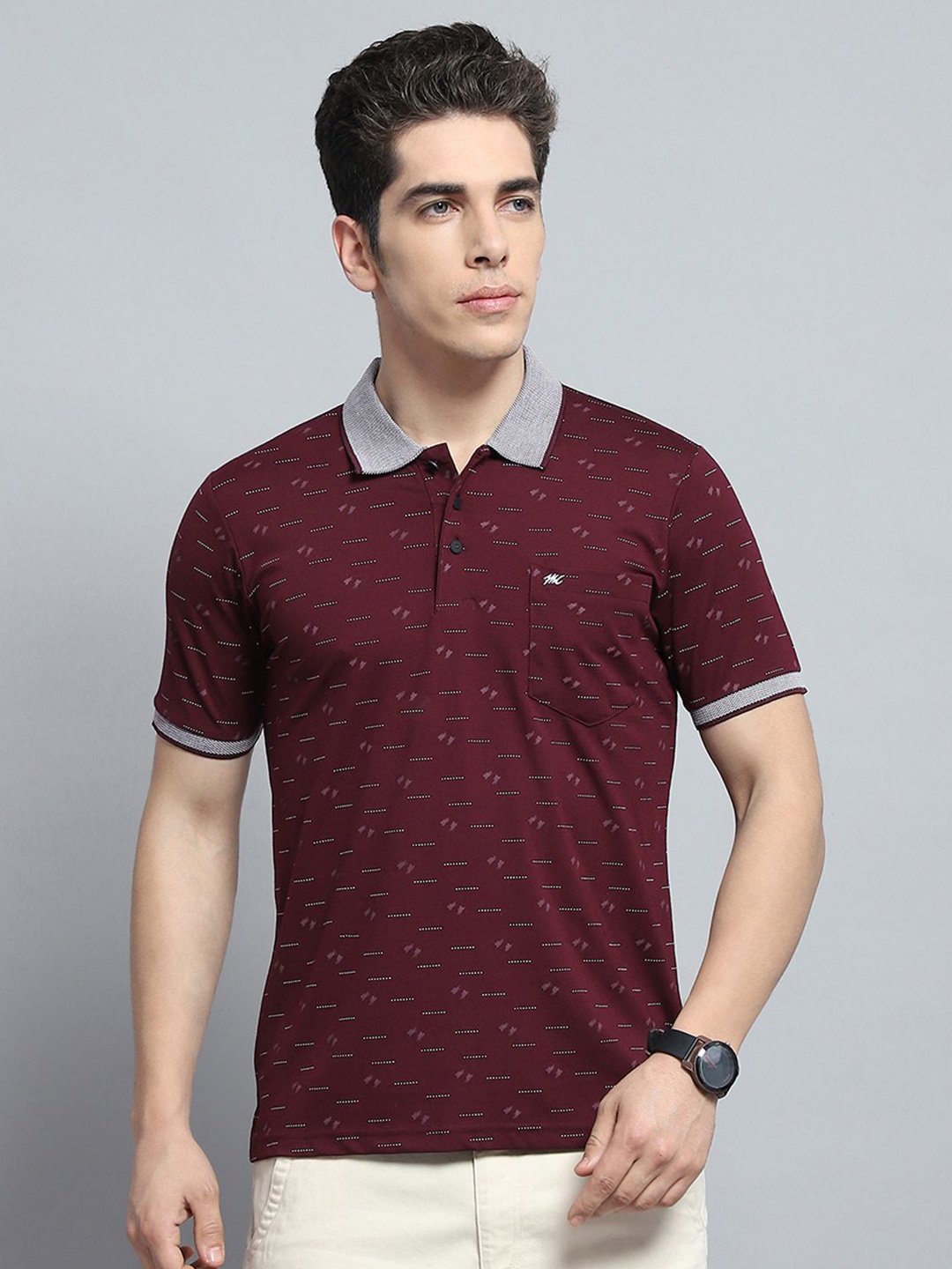 

Monte Carlo Men Printed Polo Collar Pockets T-shirt, Maroon
