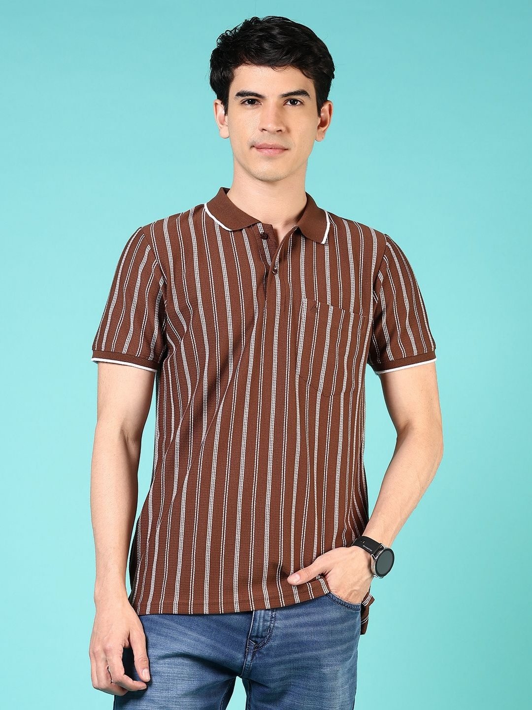 

V-Mart Men Striped Polo Collar Pockets T-shirt, Brown