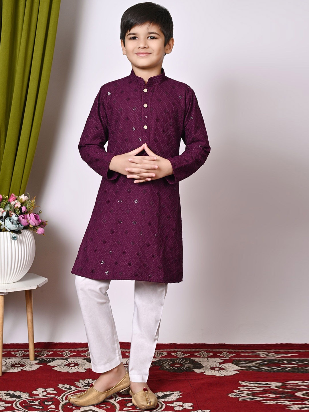 

BAESD Boys Embroidered Regular Sequinned Kurta with Pyjamas, Purple