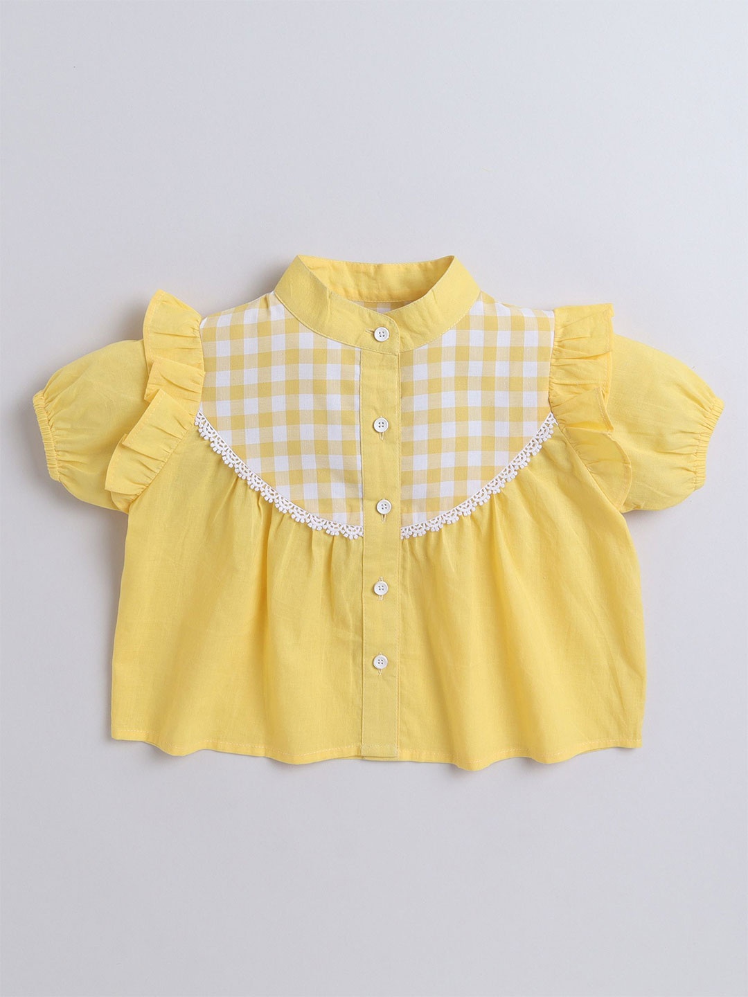 

AWW HUNNIE Checked Mandarin Collar Puff Sleeve Shirt Style Top, Yellow