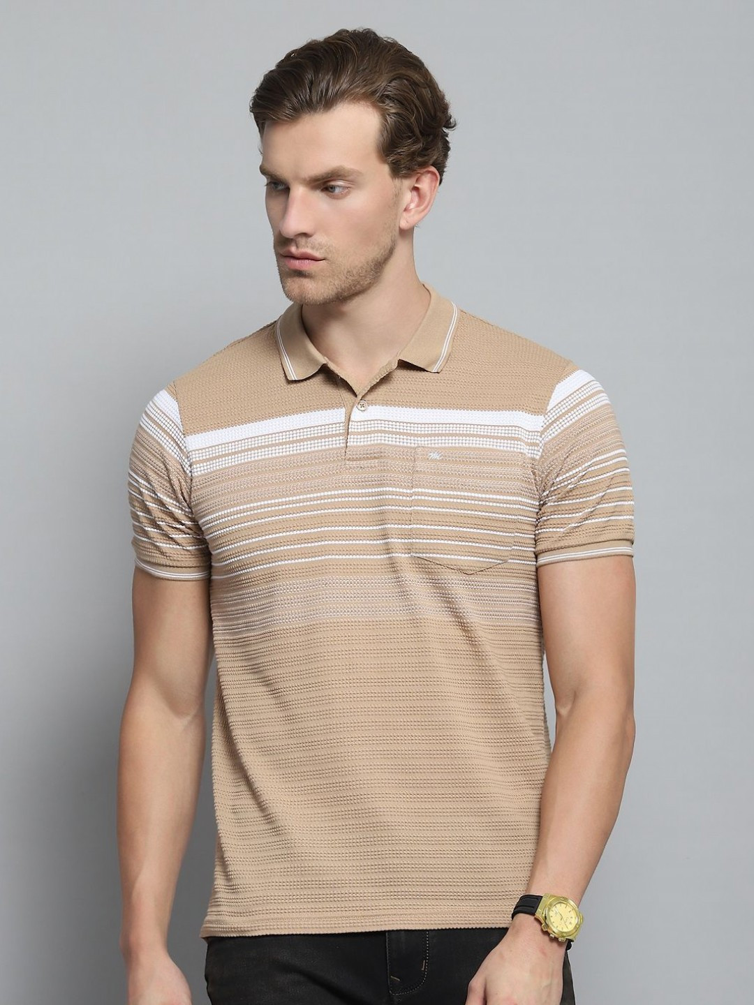 

Monte Carlo Men Striped Polo Collar Pockets T-shirt, Brown