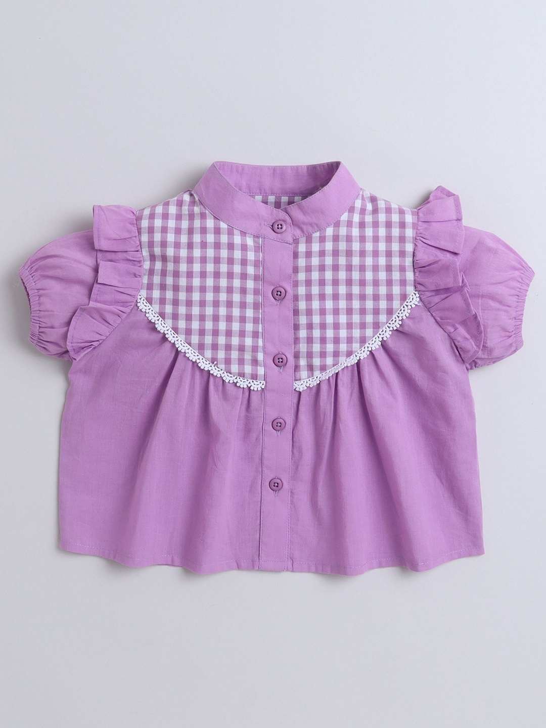 

AWW HUNNIE Checked Mandarin Collar Puff Sleeve Shirt Style Top, Mauve