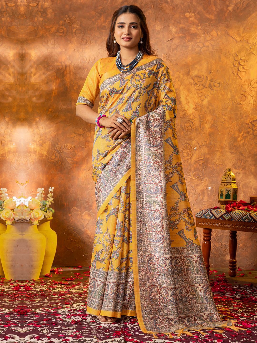 

Saree mall Ethnic Motifs Silk Cotton Tussar Sarees, Yellow