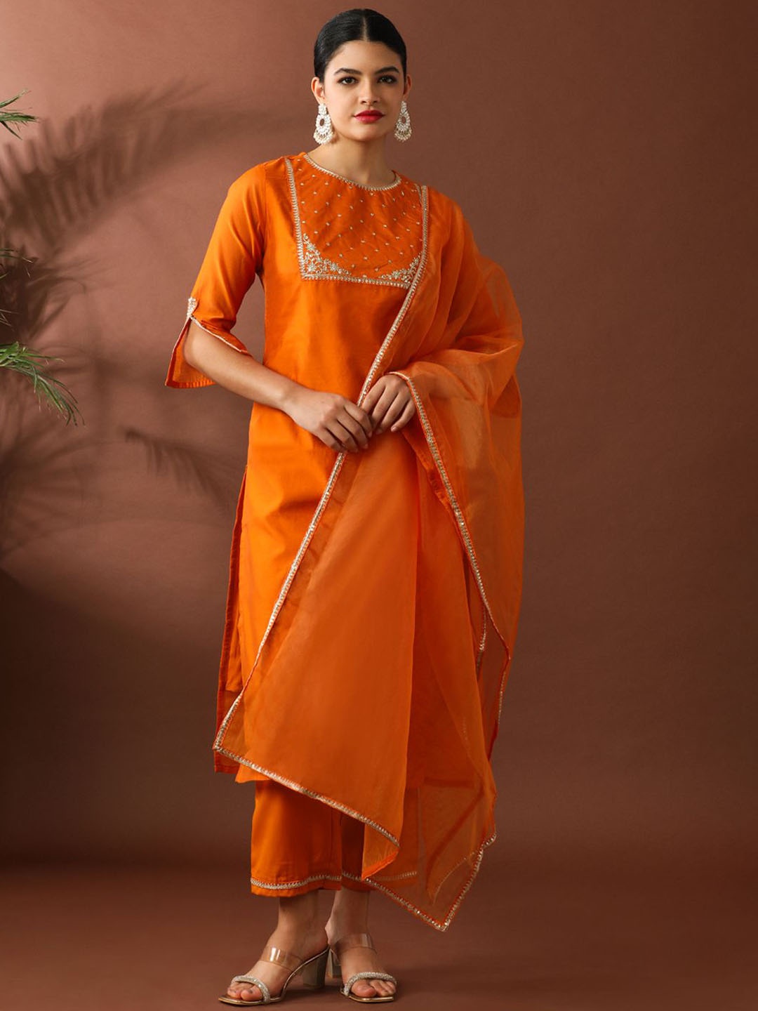 

Jaipur Kurti Women Floral Embroidered Regular Chanderi Cotton Kurta with Trousers & With Dupatta, Orange